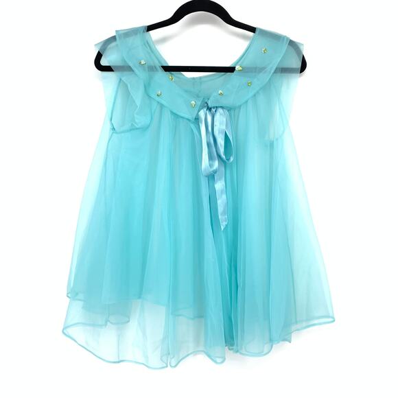 SOLD Vintage Pandora Nylon Babydoll Top Womens Size Medium Baby Blue Flower - Picture 2 of 7